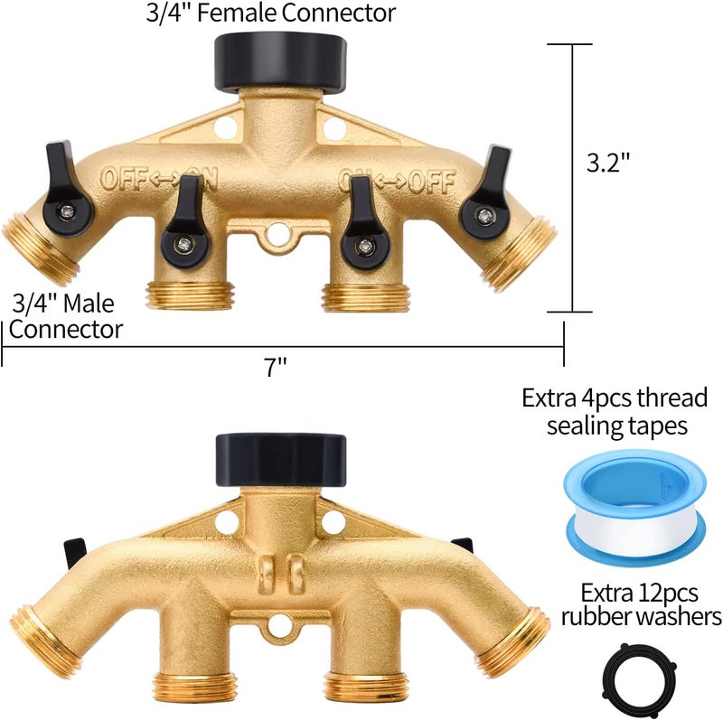 LFSEMINI 2 Pack Hose Splitter, 4 Way Heavy Duty Brass Garden Hose Splitter, for 3/4" Hose Connector, Brass Garden Hose Manifold with Rubber Washers & Tapes(2 pack 4 way) - Image 3